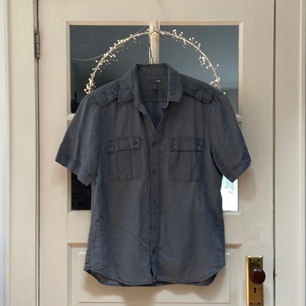 Mens H&M Gray Summer Lightweight Short Sleeve  double Pocket Shirt Medium Cotton